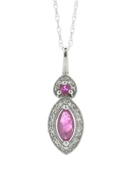 14ct White Gold Marquise Cluster Diamond And Ruby Pendant And Chain (R0.30) 0.08 Carats