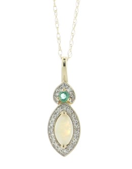14ct Yellow Gold Marquise Cluster Diamond And Opal Pendant And Chain 0.08