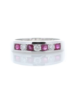 9ct White Gold Channel Set Semi Eternity Diamond And Ruby Ring (R0.30) 0.25